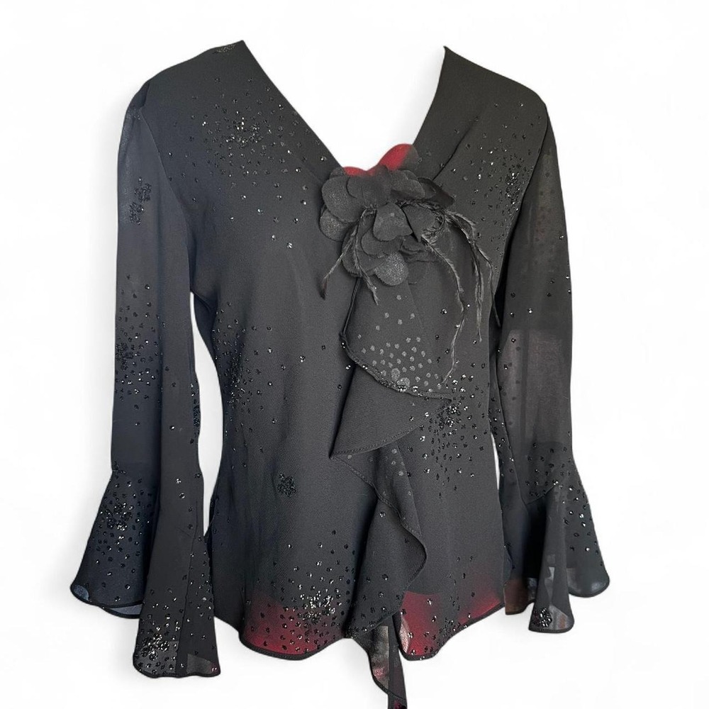 Jeffrey & Dara Evenings Bedazzled Sequin Black Ruffle Blouse Bell Sleeves Size 8